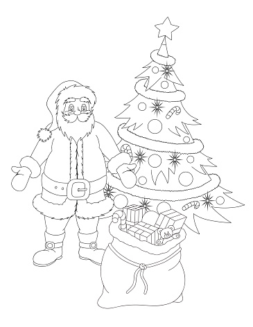 Kolorowanka Mikołaj z workiem prezentów przy choince
